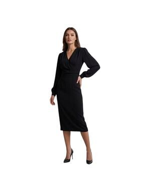 BGL Chic Professional Black V-Neck Midi Sheath Dress Long Sleeve Size 10 NWT